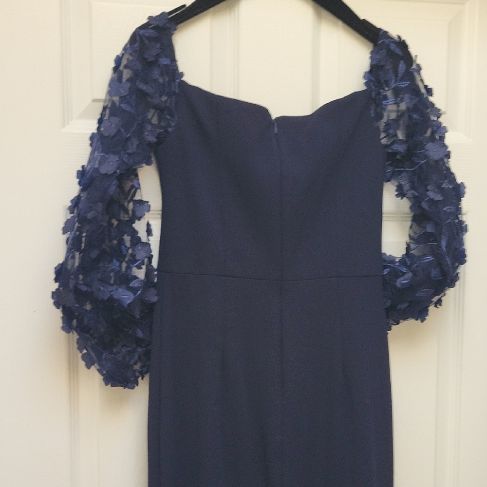 Eliza J Elegant Off Shoulders Long Gown Navy with Floral Sleeves - Picture 7 of 8